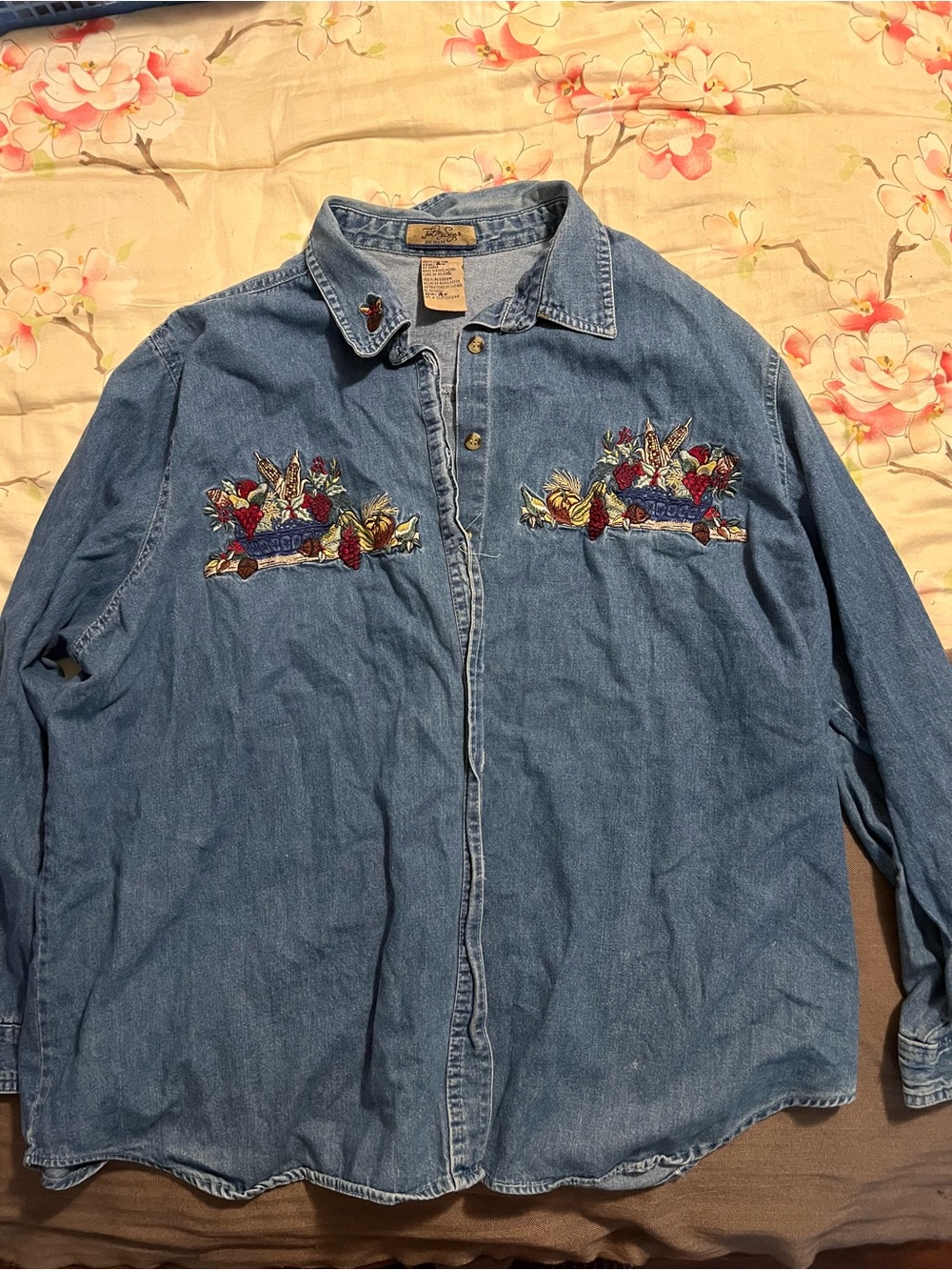 Just My Size Womens Shirt Denim Blue 22W/24W Autumn Embroidery Long Slv Buttons